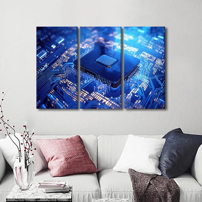 TUMOVO Semiconductor Chip Wall Decor 3 Pieces Canvas Wall Art Circuit Board Pictures Paintings Canvas Print Giclee Artwork for Home Walls Stretched and Framed Ready to Hang, 42" Wx28 H