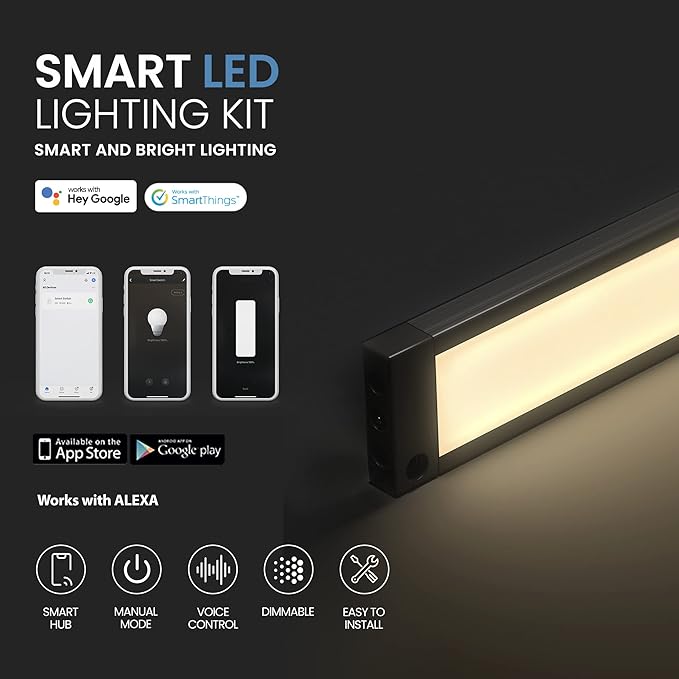 EShine 4 Pack 12 inch Black Smart Dimmable LED Under Cabinet Lighting Kit Compatible with Alexa, Google - Warm White (3000K)