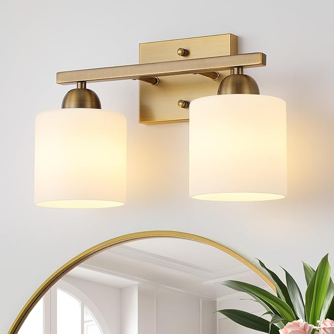 Milk Glass Vanity Lights for Bathroom, 2 Light Brass Bathroom Light Fixtures Over Mirror, Ceramic E26 Sockets Wall Mounted