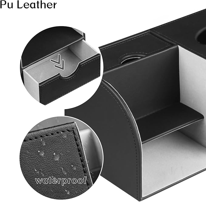 PU Leather Square Tissue Box Cover with Tray and Organizer,Multi-Function Remote Control Tissue Holder for Vanity, Nightstand,Bathroom,Home and Office