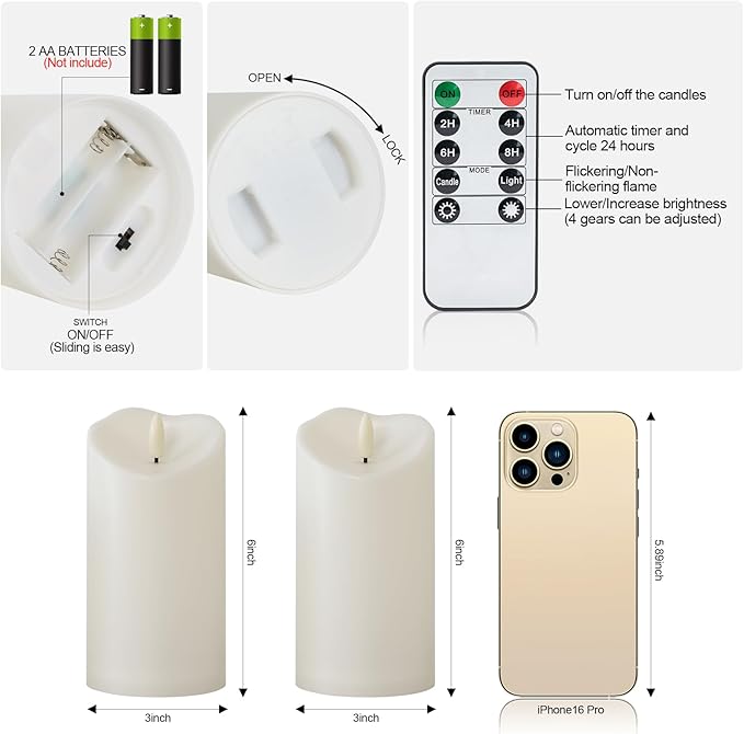 Raycare 6"x3" Outdoor Waterproof Flameless Candles with Remote and Timer, Battery Operated LED Electric Fake Pillar Candle for Christmas Home Wedding Decor, Ivory White, Set of 2