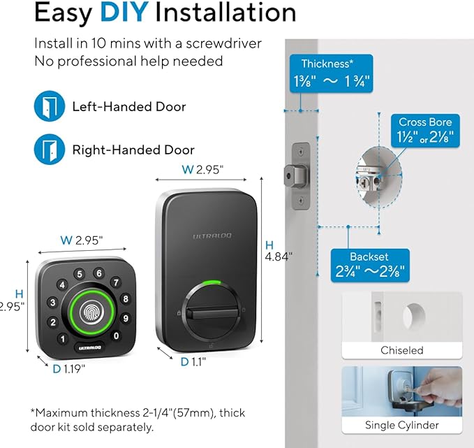 ULTRALOQ U-Bolt Pro WiFi Smart Lock with Door Sensor, 8-in-1 Keyless Entry Door Lock with Fingerprint ID, App Remote Control, Built-in WiFi Keypad Deadbolt, Auto Unlock, IP65 Waterproof, Easy Install