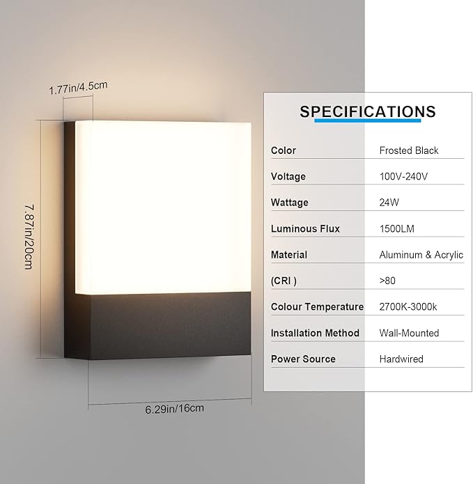 Modern Outdoor Led Wall Light, 24W 3000K Wall Porch & Patio Light,Exterior Hardwired Wall Light Fixtures,IP65 Waterproof Square Wall Lamp for Garage, Front Door,House Yard(Black,1-Pack)