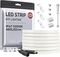 BTF-LIGHTING FCOB COB LED Strip Flexible High Density Uniform Light 9W/m 16.4FT DC24V Daylight White 5000K 480LEDs/m CRI 90+ 8mm IP67 Waterproof Width Dimmable LED Ribbon(No Adapter or Controller)