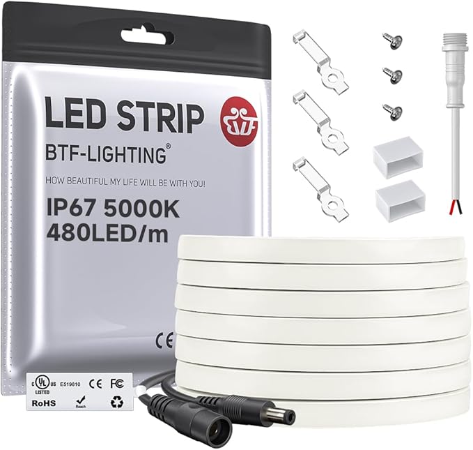 BTF-LIGHTING FCOB COB LED Strip Flexible High Density Uniform Light 9W/m 16.4FT DC24V Daylight White 5000K 480LEDs/m CRI 90+ 8mm IP67 Waterproof Width Dimmable LED Ribbon(No Adapter or Controller)