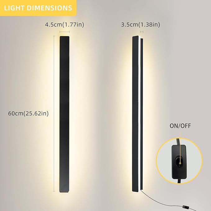 Modern Plug in Wall Sconces, 23.6 inch Frosted Black LED Long Wall Lights, 12W Warm White 3000K Acrylic Indoor Wall lamp,with 59" Plug Cable for Bedroom, Living Room, Bathroom Makeup, Hallway