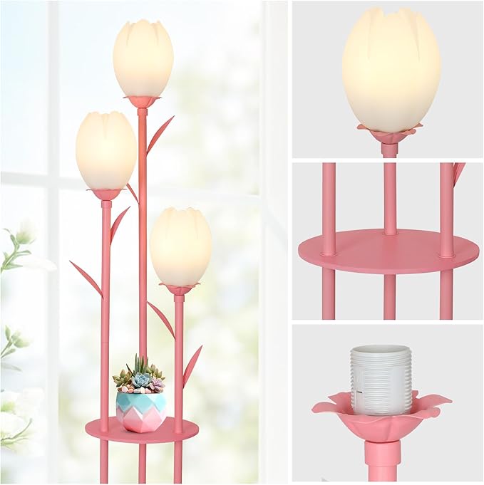 Pink Floor Lamp for Bedroom, 3-Light Flower Floor Lamp with Table, Corner Standing Lamps for Living Room, Tall Flower Lamp for Office, Girls Room, Unique Lighting Decor (Bulbs Included)