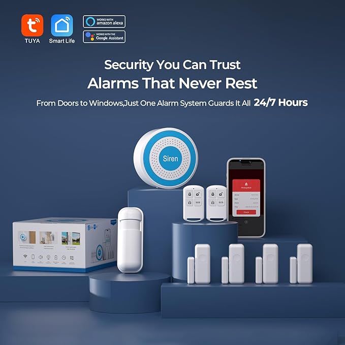 PGST Wireless Home Alarm System,Smart Home Security System with Instant Tuya App Alerts,DIY Door Alarms Kits Siren Hub with Door/Motion Sensors,Remote,Work with Alexa/Google Assistant for Apartment