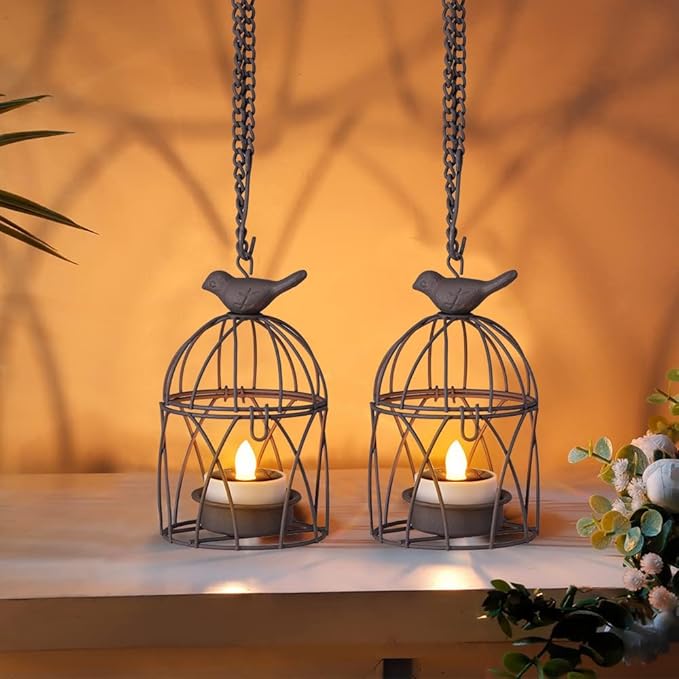 Solar Lanterns Outdoor Waterproof, Rust Iron Cage Candle Holder with Flickering Solar Powered Tea Lights, Hanging Solar Lights for Outside Tree Backyard Patio Garden Fence Decoration-4Pack