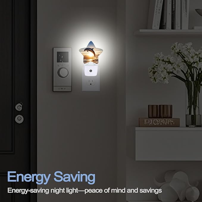 Night Light,Ocean Dolphin Plug into Wall with Dusk to Dawn Light Sensors,Tropical Beach Sunset Warm Star Nightlights for Bedroom,Bathroom,Hallway,Kitchen Home Decor Desk Lamp