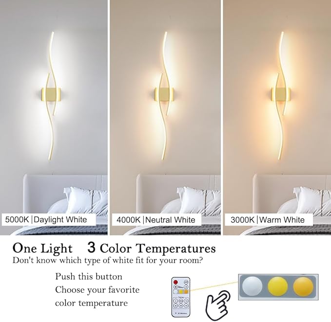 Modern Wall Sconces Set of 2, Dimmable LED with Remote Control, Gold Indoor Wall Sconce, Hard Wired Wall Lights for Living Room, LED Wall Decor for Hallway, Bedroom, 40.5"in, 3 Color, Timer, Memory