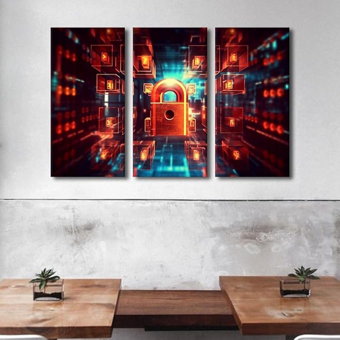 TUMOVO Cybersecurity Wall Art 3 Panel Digital Image of Padlock Cyber Security Background Pictures Print on Canvas for Living Room Bedroom Decoration Stretched Framed Ready to Hang, 42" Wx28 H