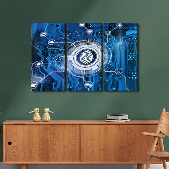 Wall Art for Living Room 3 Panel Fingerprint Login Authorization and Cyber Security Concept Pictures Posters for Home Wall Decoration, Stretched Framed Gallery-Wrapped, 42" Wx28 H