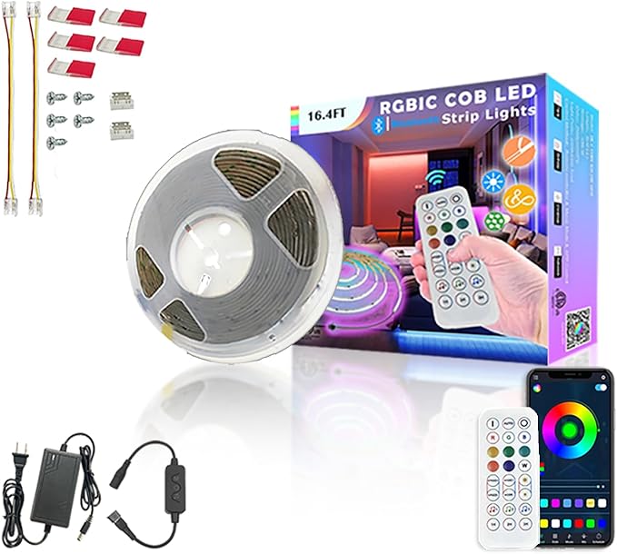 RGBW COB LED Strip Light Kit,16.5ft Color Changing Multicolor Neutral White, Cuttable Adhesive Lights Strip ETL Listed for Bedroom Party Decoration with Remote & APP Control (AC/DC Adapter Included)
