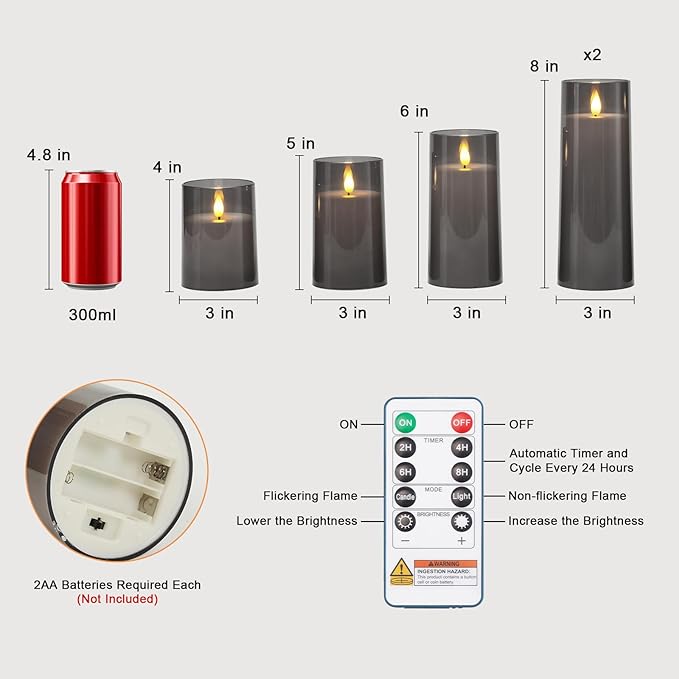 Raycare Flameless Candles Battery Operated with Remote Timer, Acrylic Flickering LED Pillar Candle for Christmas Decoration, Home Decor, Gift for Family and Friend, Grey, Set of 5