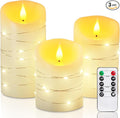 Homemory Flameless Candles with String Lights, 3 Pack Embedded Fairy String Lights LED Candles, Electric Flickering Candles with Remote Control and Timer, Real Wax, Ivory White