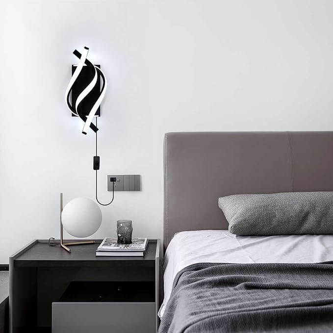 Modern LED Plug in Wall Sconce, 21W Black Indoor Wall Lights with Plug and Switch, Wall Lamps for Living Room, Bedroom, Hallway, Stairway, 6500K Wall Mounted Light