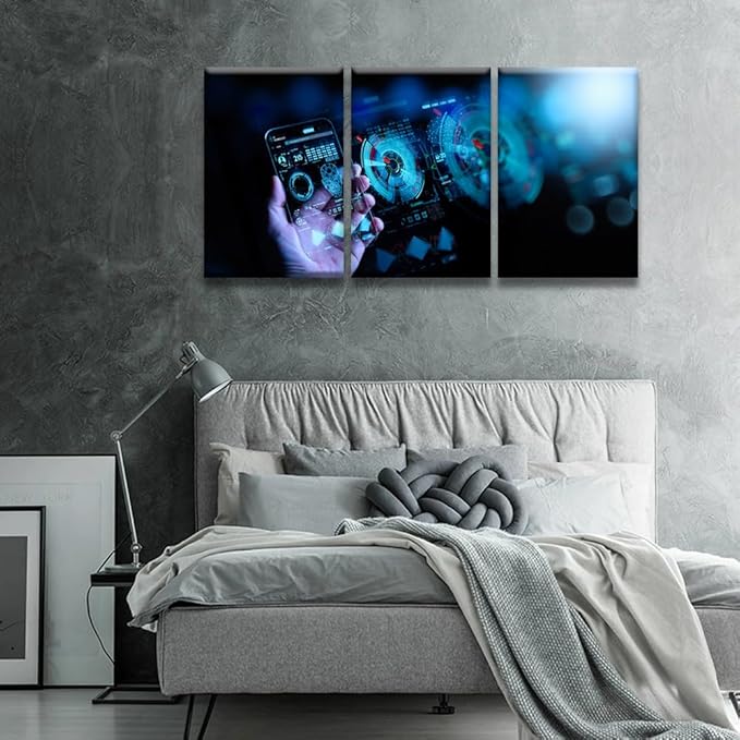 LSIUHWUWI 3 Panel Canvas Wall Art Modern Canvas Prints Art Wireless Mobile Internet Technology 5G LTE Data Connection Pictures Posters, Wall Art Wooden Framed Ready to Hang, 16x24inchx3