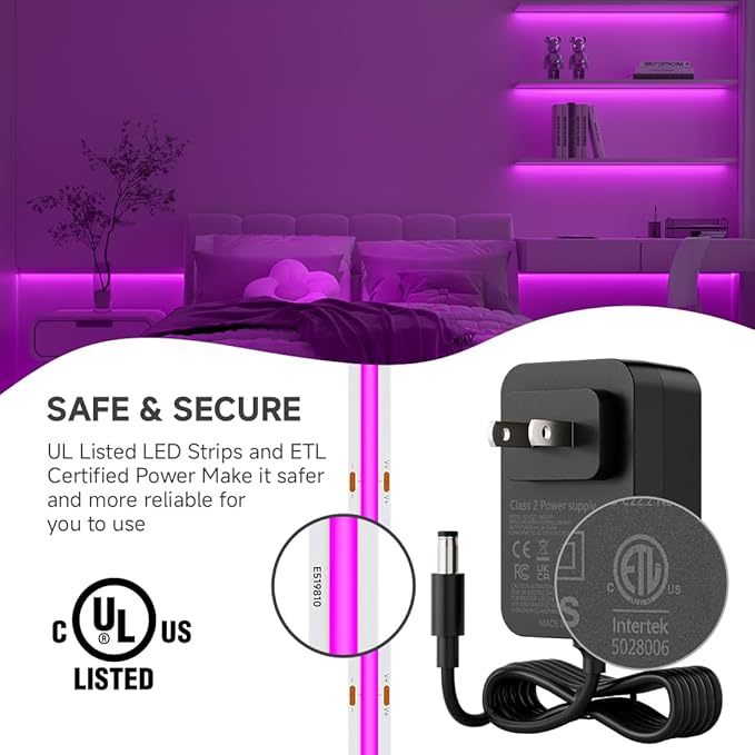 BTF-LIGHTING COB LED Strip Light 12V 16.4FT UL Listed, Purple Color Dimmable High Density Flexible Tape Light with RF Remote & ETL Power Adapter, Ultra Bright for Bedroom Kitchen Home Indoor Lighting