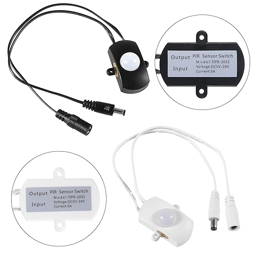 2PCS Mini Pir Motion Sensor Switch, DC 5-24V Auto PIR Infrared Motion Sensor Detector LED Light Strip Switch 5.5 DC Plug for DIY LED Lighting, Light Sensor, Time & Distance Adjustable (Black & White)