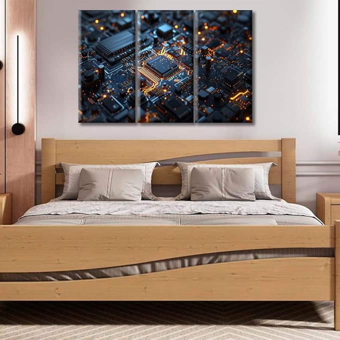 Canvas Wall Art for Bedroom 3D Technology Motherboard Wall Decorations for Living Room Office Wall Decor Circuit Board Pictures Wall Painting 3 Piece Stretched and Framed Ready to Hang (36"Wx24"H)