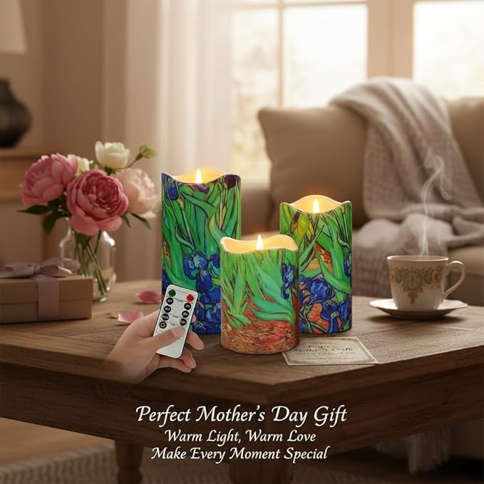 Floral Flameless LED Pillar Candles, 3pcs Van Gogh Irises Battery Operated Flickering Candles with Timer Remote,Decorative Flickering LED Candles for Wedding Mother's Day Home Decor