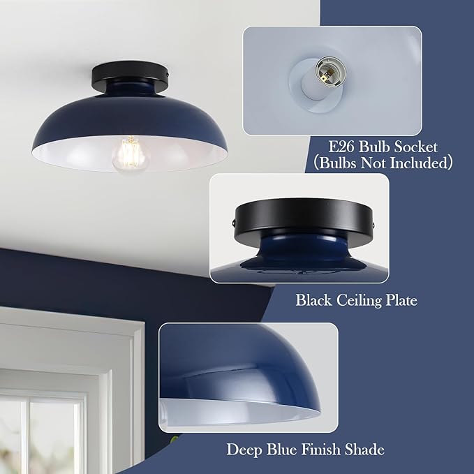 2 Pack 12 Inch Metal Semi Flush Mount Ceiling Light Fixture Industrial Small Ceiling Lights Kitchen Lighting Fixtures Ceiling with Navy Blue Shade for Hallway Entryway Bedroom Foyer Bathroom Laundry