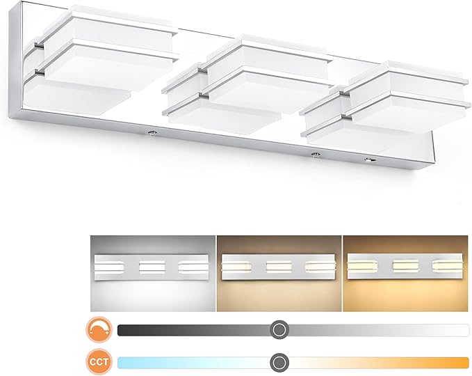 3 Color Temperature Dimmable Bathroom Light Fixtures over Mirror, LED Chrome 3 Light Vanity Lighting Fixtures, Acrylic Stainless Steel Square Shade Vanity Lights for Bathroom, ETL Certificated