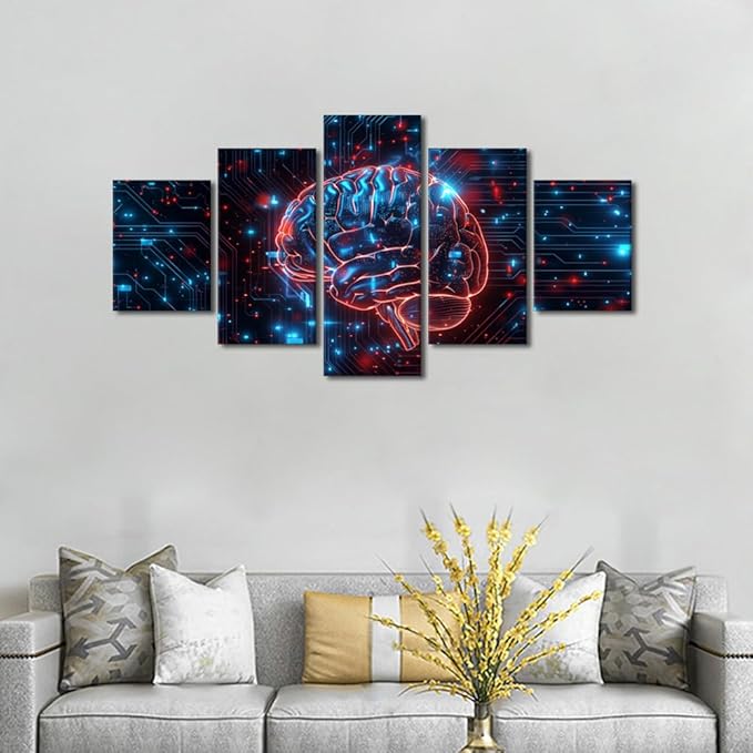 TUMOVO 5 Panel Digital Human Brain Decor for Bedroom Artificial Intelligence Technology Canvas Wall Art for Living Room Posters for Bedroom Futuristic Technology Paintings Artwork 60" Wx32 H