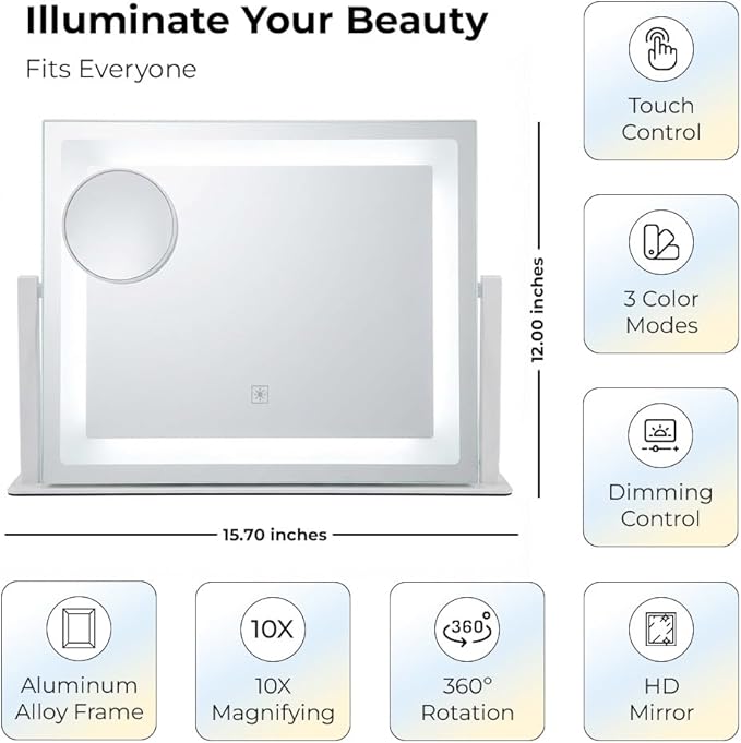 Vanity Mirror with Lights, 12" x 16" Lighted Makeup Mirror with Smart Touch Control, LED Makeup Mirror with 3 Color Lighting Modes, 10X Magnification, 360° Rotation for Tabletop - White