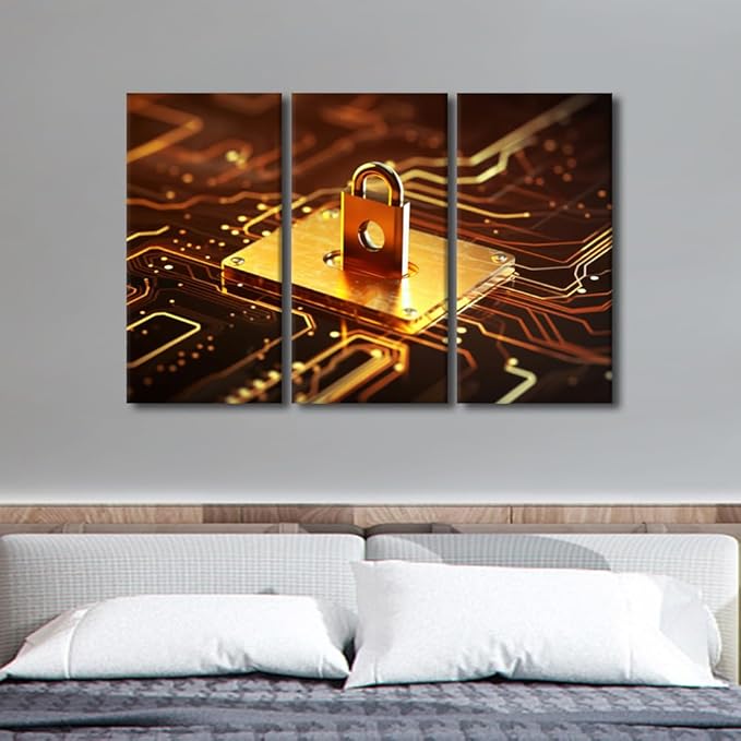 Wall Art for Living Room 3 Panel Padlock on Circuit Board Neon Gold Posters and Prints for Home Hotel Office Wall Decorations, Wooden Framed Gallery-Wrapped Ready to Hang, 42" Wx28 H