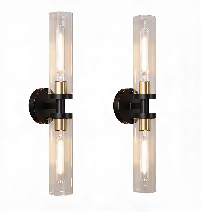 Black and Gold Wall Sconces Set of 2, Hardwired Bathroom Light Fixtures, Modern Bathroom Vanity Wall Lighting with Clear Glass Shade, Farmhouse Wall Sconce for Mirror Bedroom Hallway, E26 Base