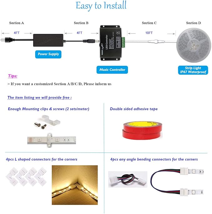 10FT 20FT 50FT 100FT 120FT 150FT 160FT 180FT 200FT 12V 60LEDs/M IP65 Waterproof RGB SMD 5050 LED Strip Light Flexible w/Music Sensed Controller & Power Supply (60)