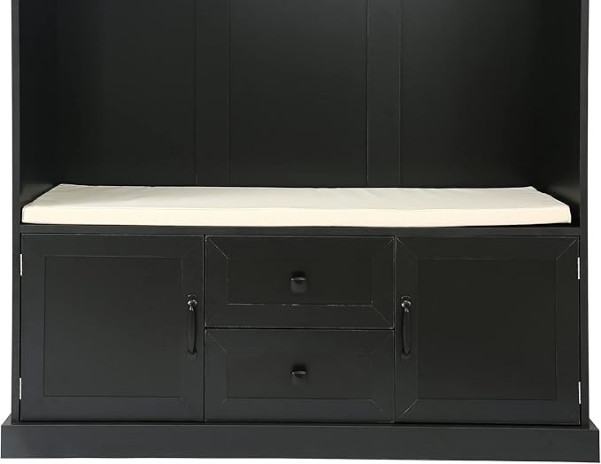 RUNNA Wooden 3-in-1 Hall Tree with 2 Cabinet and 2 Drawers,3 Open Shelves and 3 Hooks,Coat Hanger and Storage Bench,for Livingroom Hallway Entryway Use (Black@Hanger)