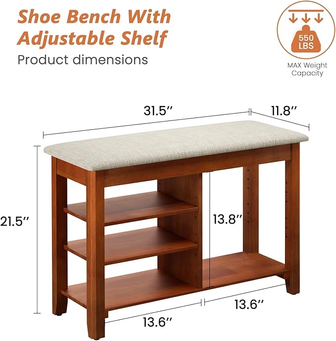 Shoe Rack Bench, Solid Wood Entryway Bench with Cushion and Flip-Top Storage, Adjustable Shelf, Shoe Organizer Bench for Front Door Entrance, Hallway, Living Room, Mudroom (Beige, 31.5" L)