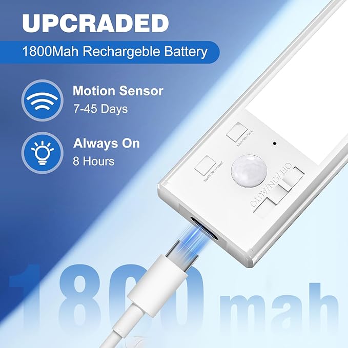 Under Cabinet Lights 2 Pack 8 inch Rechargeable Battery Operated Motion Sensor Light Indoor USB Charging Closet Lights Battery Operated with 3 Color Temps for Kitchen, Stairs, Home