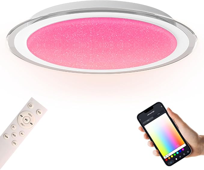 1-Pack, 20 inch Smart LED Music Ceiling Light with Bluetooth Speaker, Compatible with Alexa & Google Home, Color Changing RGB Dimmable Light for Living Room, Bedroom, Kitchen
