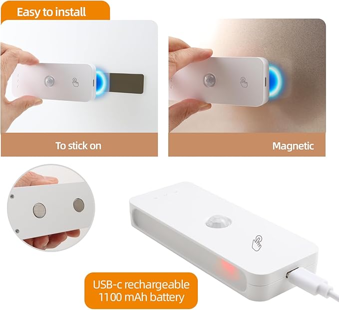 Led Motion Sensor Night Light 2 Pack, Rechargeable Stair Light 1100mAh, Dimmable Hallway Lights with 3 Color Temperature, Magnetic Locker Lights for Closet Hallway Bedroom