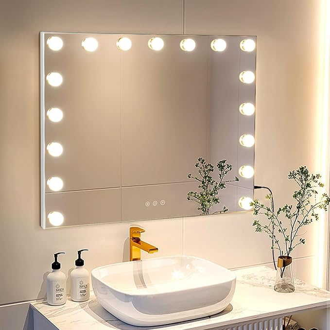 Vanity Mirror with Lights -17 Bulbs, 25" x 21" Large Hollywood Vanity Mirror, 10X Magnifying, 3 Colors Modes, Touch Control Mirror with Lights, Tabletop or Wall-Mounted, USB Charging Port