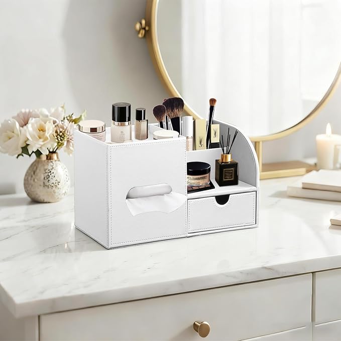 Leather Nightstand Organizer with Tissue Holder,White Square Tissue Box Cover with Organizer, Decorative Modern Facial Paper Storage Box for Bathroom Living Room Vanity Table Countertop Office