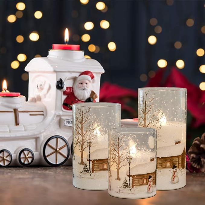 Wondise Snowman Glass Flameless Candles with Remote and Timer, Battery Operated Real Wax LED Flickering LED Candles White Cold Light Window Christmas Holiday Decor D3 x 4",5",6"