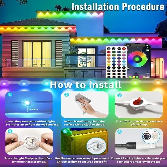 300FT Permanent Outdoor Lights for House,RGB+IC Smart Outdoor Decor,Scene Modes, App/Remote Control,IP67 Waterproof, for Christmas,Holiday, Daily & Pool Party Decor, House Roof Lighting