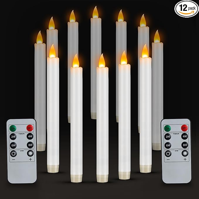 Flameless Taper Candles 10" Dripless Battery Operated Taper Candles Included Remote Timer 400+ Hours by 2AA Batteries for Halloween Christmas Wedding (White, 12 Pack)