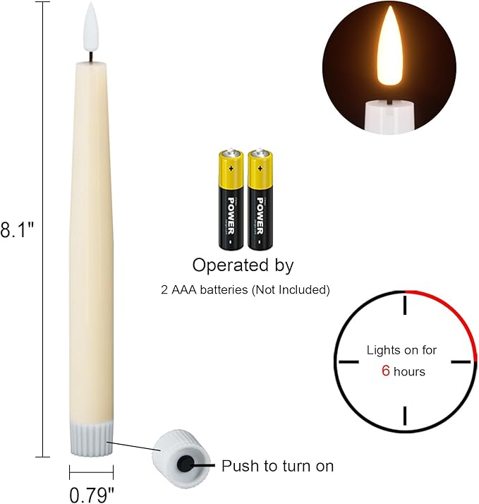 Real Wax Flameless Taper Candles with 6H Timer, LED Flickering Taper Candles Battery Operated with 3D Wick, 4 Pcs Ivory Flameless Candlesticks for Spring Wedding Home Decor