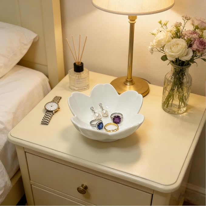 Ceramic Jewelry Dish, White Small Jewelry Bowl, Flower Ring Dsih Decorative Jewlery Tray, Cute Trinket Tray Jewelry Holder for Bathroom Nightstand, Friendship Birthday Gifts for Women Mom