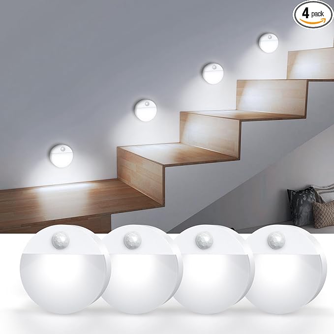 AMIR Upgraded Mini Motion Sensor Light Battery-Powered, Cordless Stick-on LED Night Light, Wall Light, Closet Lights, Safe Lights for Stairs, Hallway, Bathroom, Kitchen, Cabinet (Pack of 4 - White)