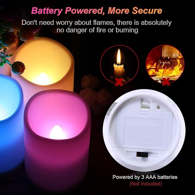 LED Flickering Flameless Candles with Color Changing, Remote Control and Auto-Off Timer, 100 Hours Working Time, Battery-Operated.Multi-Color