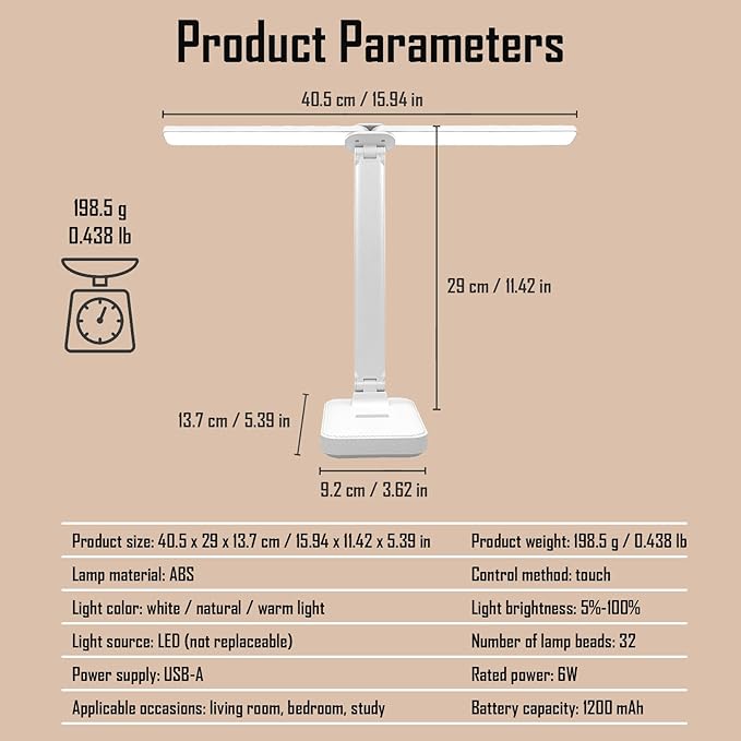 LED Double Head Desk Lamp, Rechargeable Portable Table Lamp, Adjustable Light Color and Brightness, USB Powered, LED Light for Work, Reading, Emergency (White)