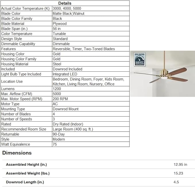 LYTIO Chelia 56 in. Indoor Gold LED Ceiling Fan with Reversible Blades and Color Changing Technology, Integrated LED