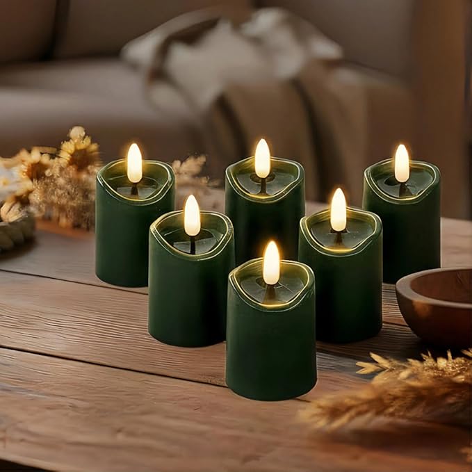 Simplelight Green Flameless Votive Candles with Timer, Realistic Black Wick Advent Wreath Candles Battery Operated, Battery Included, D 1.8” X H 3.1”, Set of 6 for Christmas Decoration(Green)